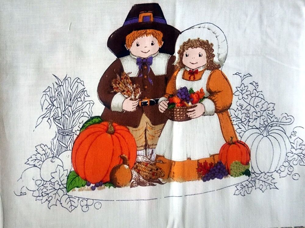 VTG Little Pilgrims Thanksgiving Table Centerpiece Pillow Craft Sewing Fabric